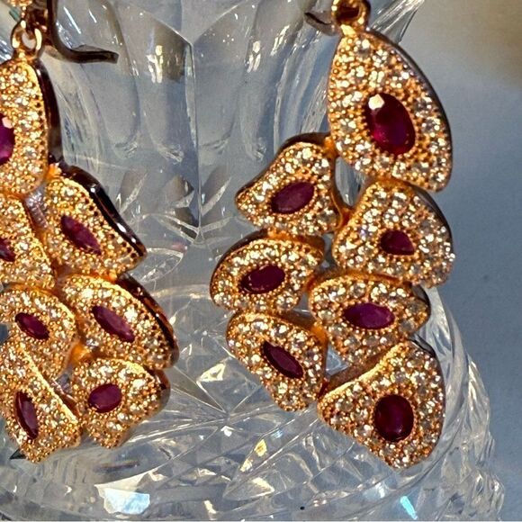 Elegant rose gold-filled sterling pave ruby Gold nugget drop earrings - Picture 3 of 5